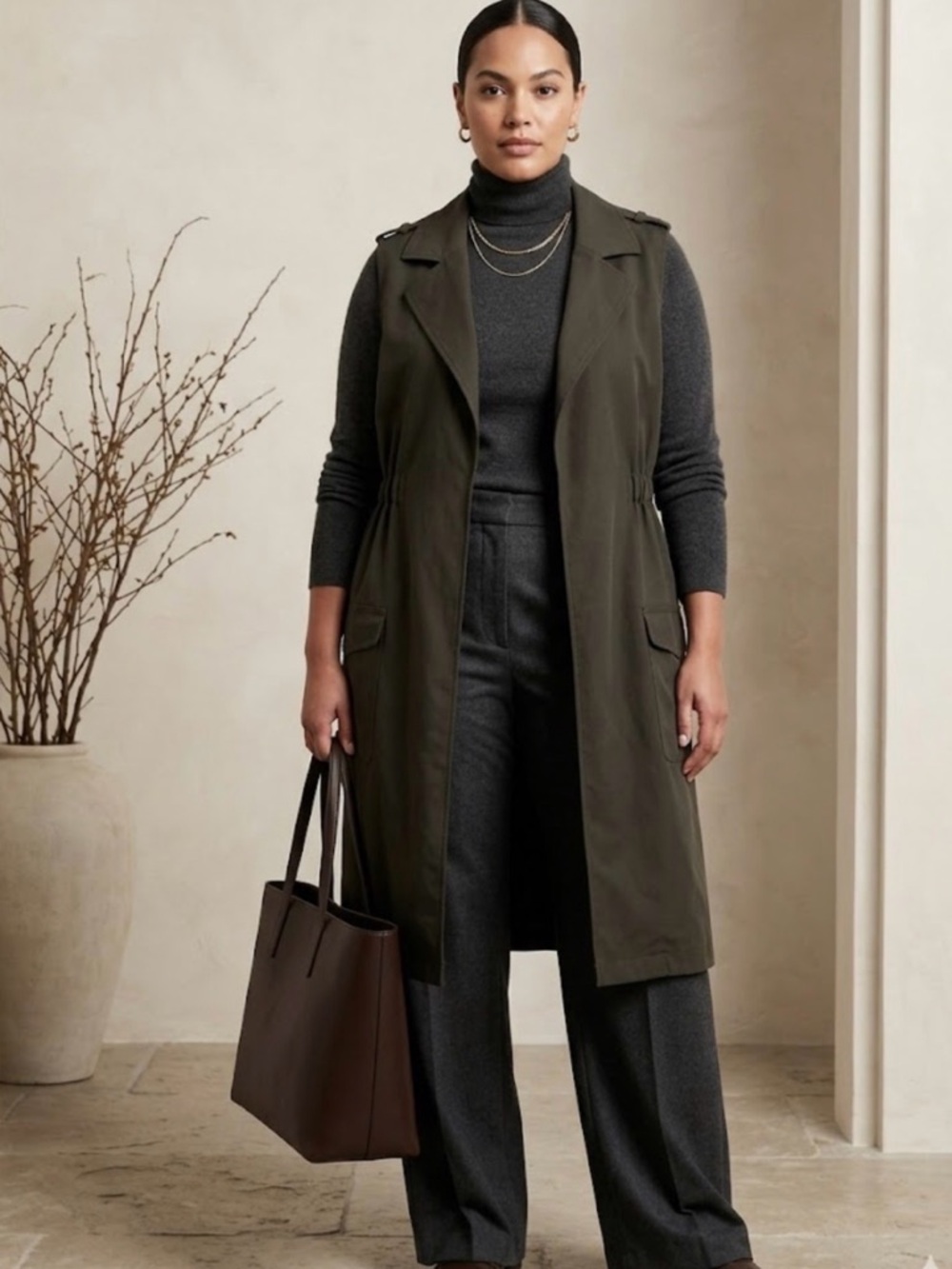 Sleeveless Trench Vest in Olive Green